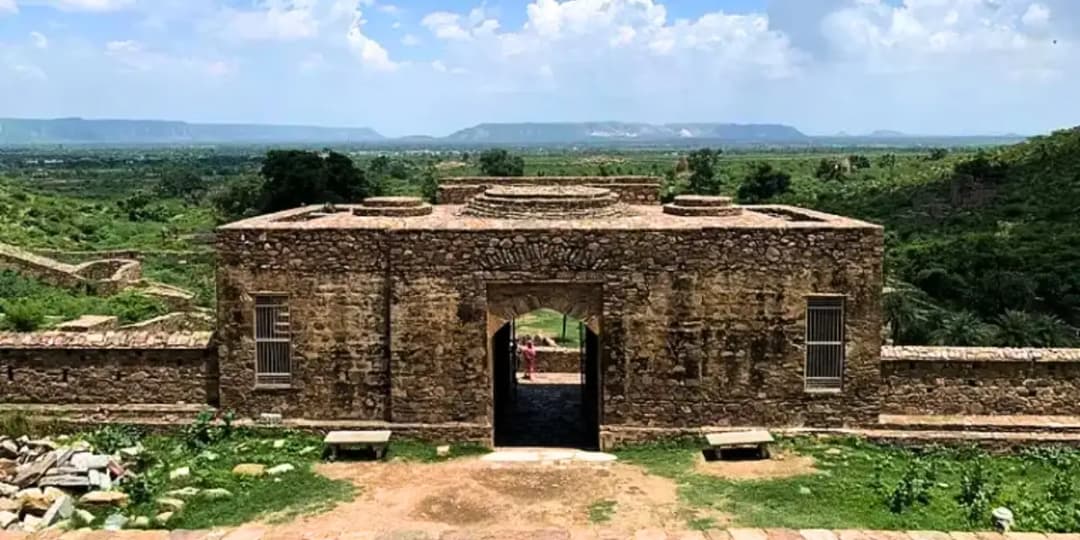 Aerial view of Bhangarh Fort ruins in Rajasthan, India, known as one of the most haunted places.