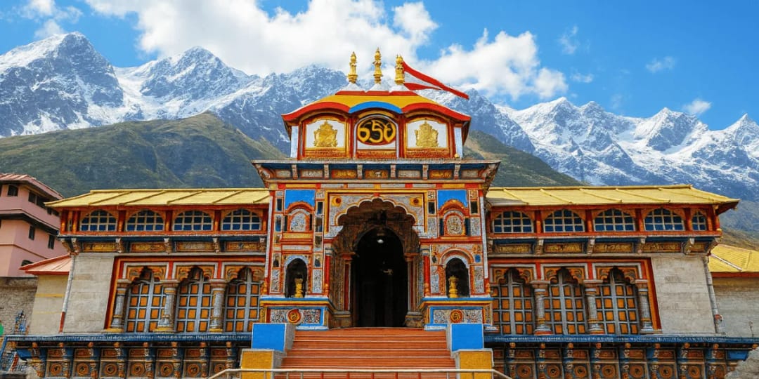 Badrinath Temple surrounded by Himalayan mountains in Uttarakhand
