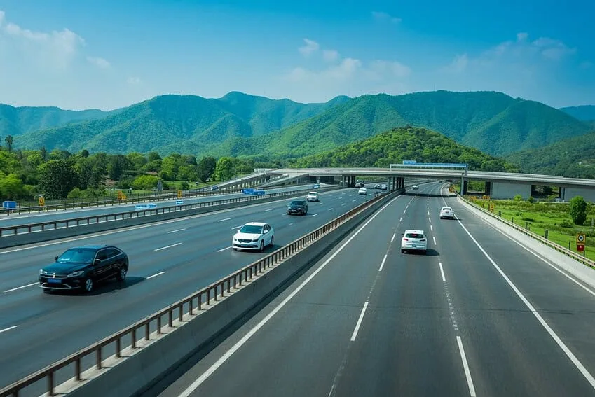 Delhi Dehradun Expressway highway with scenic route towards Mussoorie hills