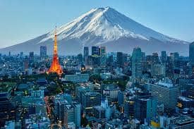 Japan tourism showcasing Mount Fuji, cherry blossoms, Kyoto temples, modern Tokyo skyline, and traditional culture,