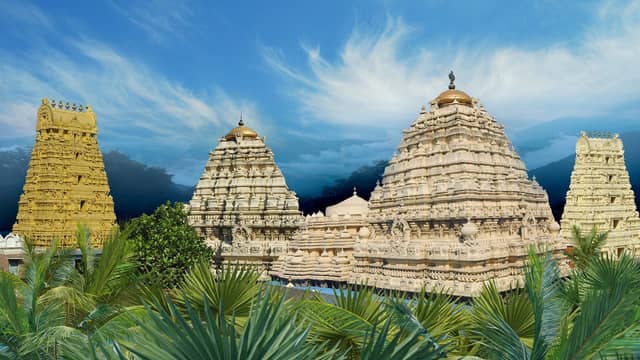 Andhra Pradesh tourism showcasing Tirupati Balaji Temple, Araku Valley hills, coastal beaches, and ancient heritage sites