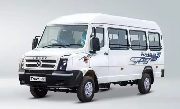 Force Tempo Traveller side view showing luxury group travel van for 9 to 26 passengers